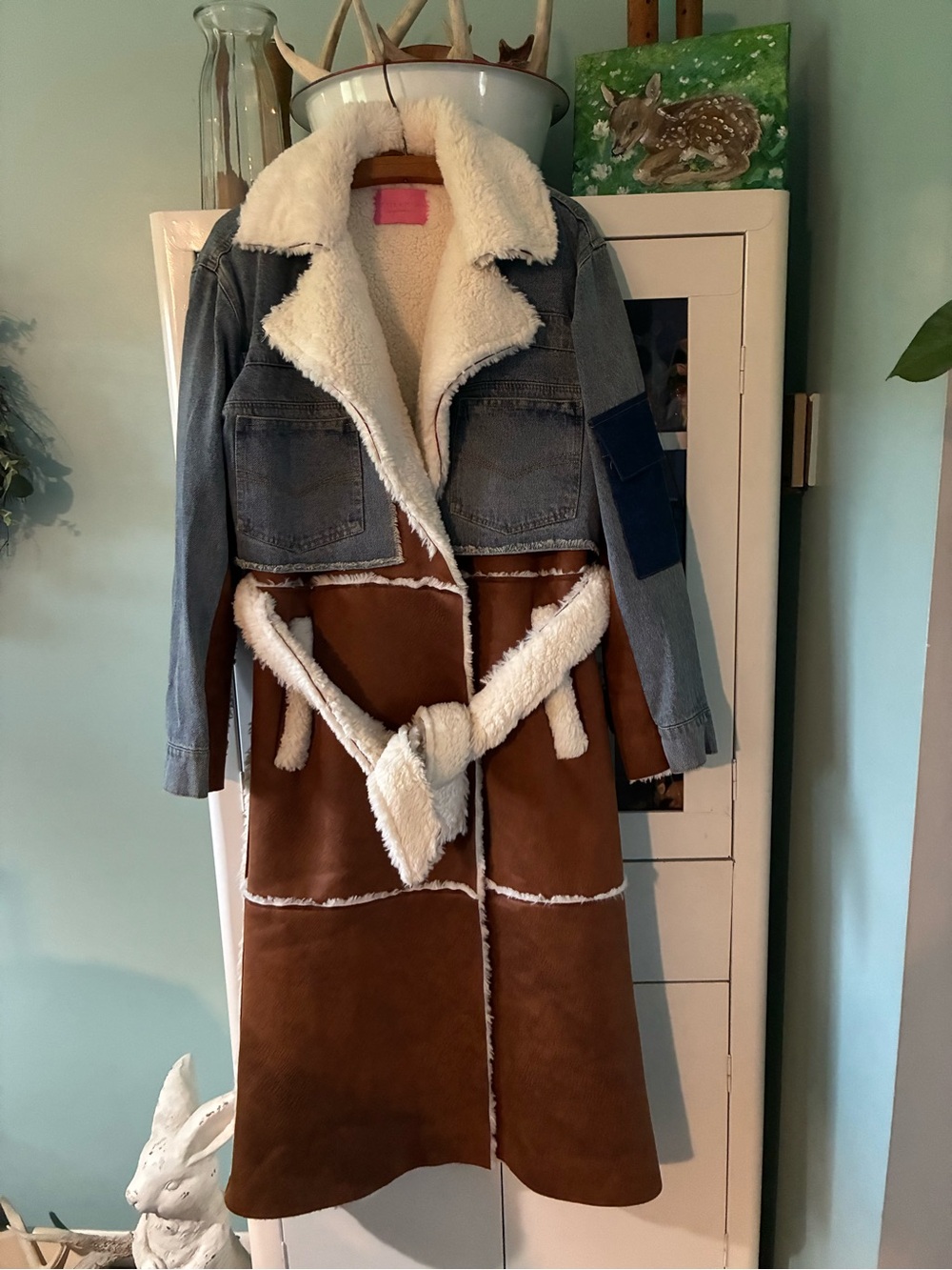 Azalea Wang sz L Brown Suede Like & Denim Faux-Shearling Trench Coat like new!